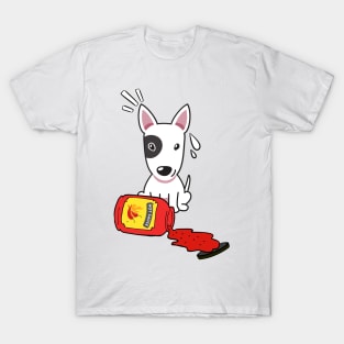 Funny Bull Terrier Spilled Hot Sauce T-Shirt